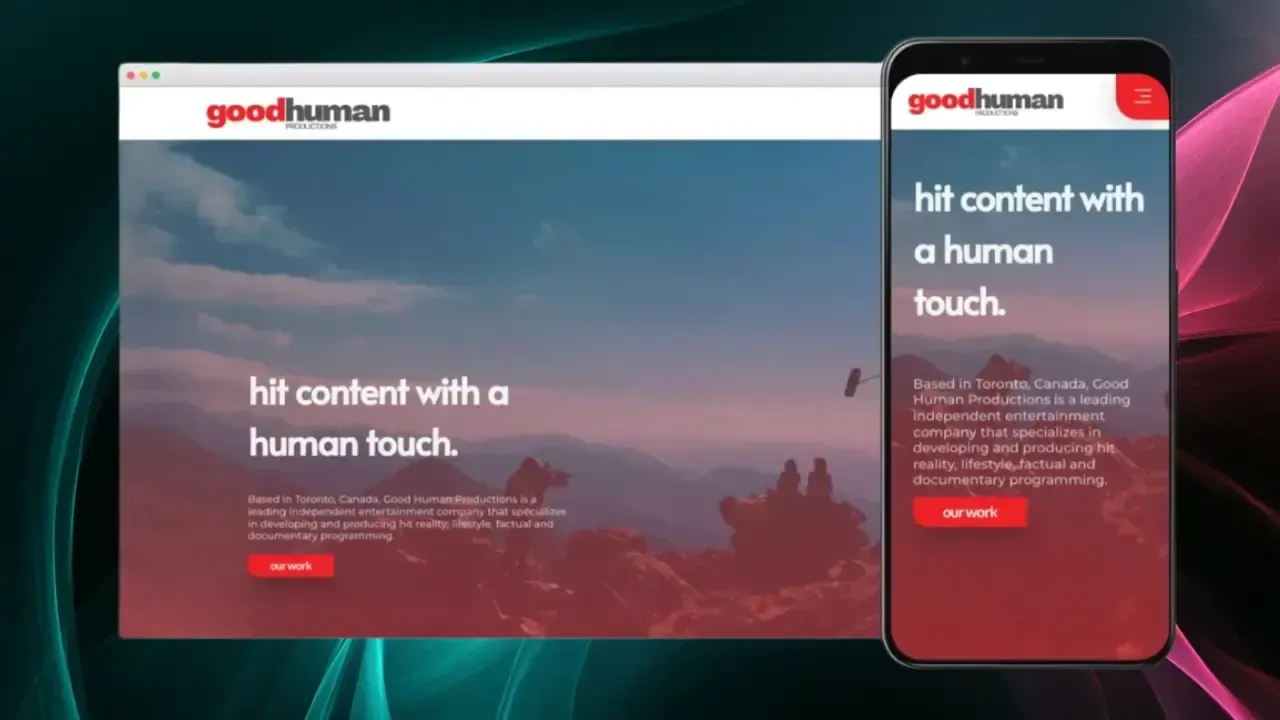 Una laptop y un teléfono inteligente muestran un sitio web con una escena de montaña al atardecer y el texto "hit content with a human touch", con colores cálidos rojos y blancos para el diseño del sitio.
