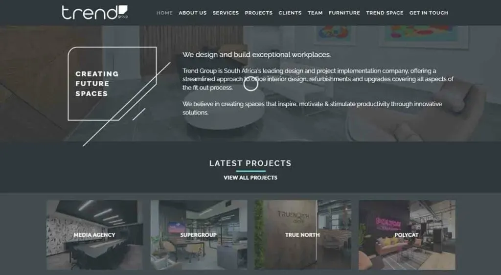 A website header for a design and project implementation company features a modern, dark-themed layout with navigation links, company branding, and highlighted images of workplace design projects, including a media agency, supergroup, True North, and Polycat.