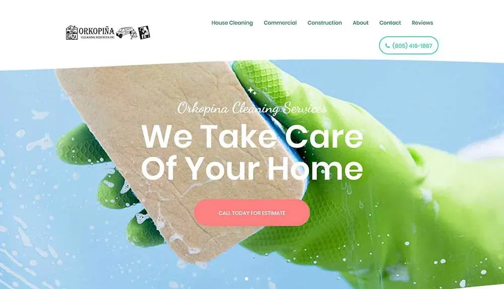 The image shows a gloved hand holding a sponge, suggesting professional cleaning services, with text promoting "Orokpina Cleaning Services" and an emphasis on home care and contacting for estimates.