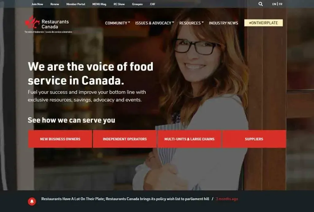 A confident individual stands with folded arms behind a webpage banner for Restaurants Canada, which promotes food service advocacy and resources, featuring bold text and navigation options against a contemporary design backdrop.