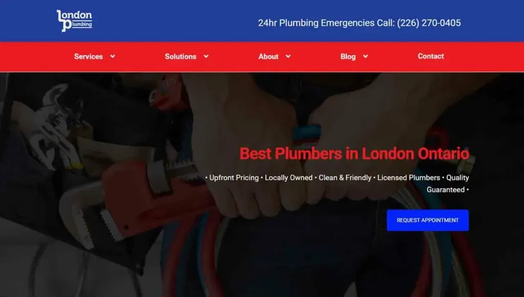 A plumber holding various tools, including a red pipe wrench and colorful hoses, with a blue banner at the top featuring contact information and a navigation menu; promotional text highlights plumbing services in London, Ontario.