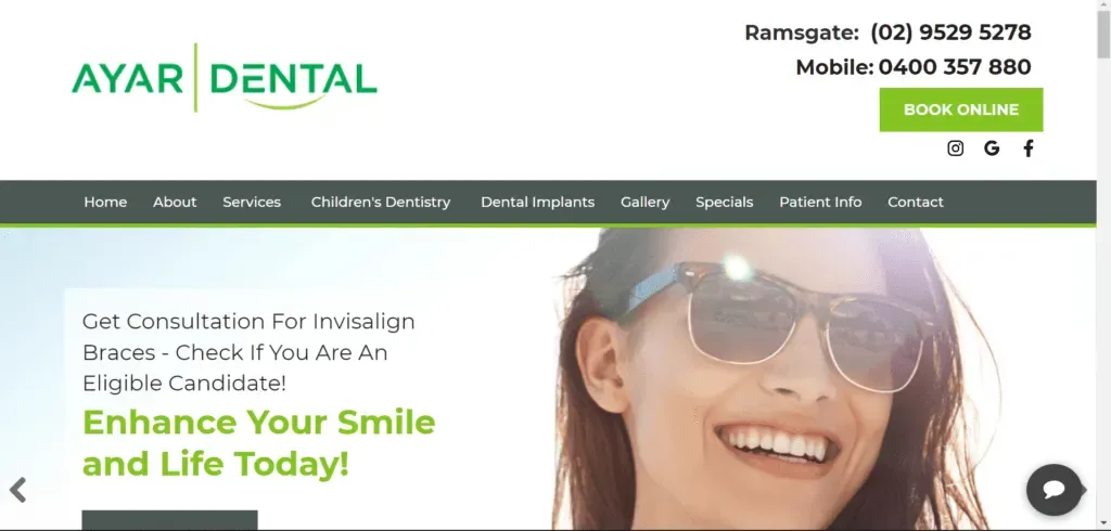 The image shows a dental clinic website header featuring a smiling person with sunglasses, along with the clinic's name "Ayar Dental" and contact details, promoting Invisalign braces for enhancing smiles and life quality.