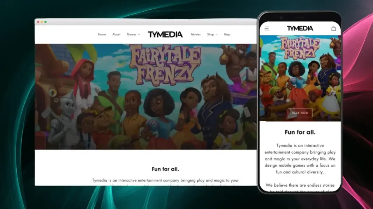 Website showcasing "Fairytale Frenzy" by Tymedia on both desktop and mobile, featuring vibrant characters, highlighting fun and interactive entertainment, with a focus on cultural diversity.