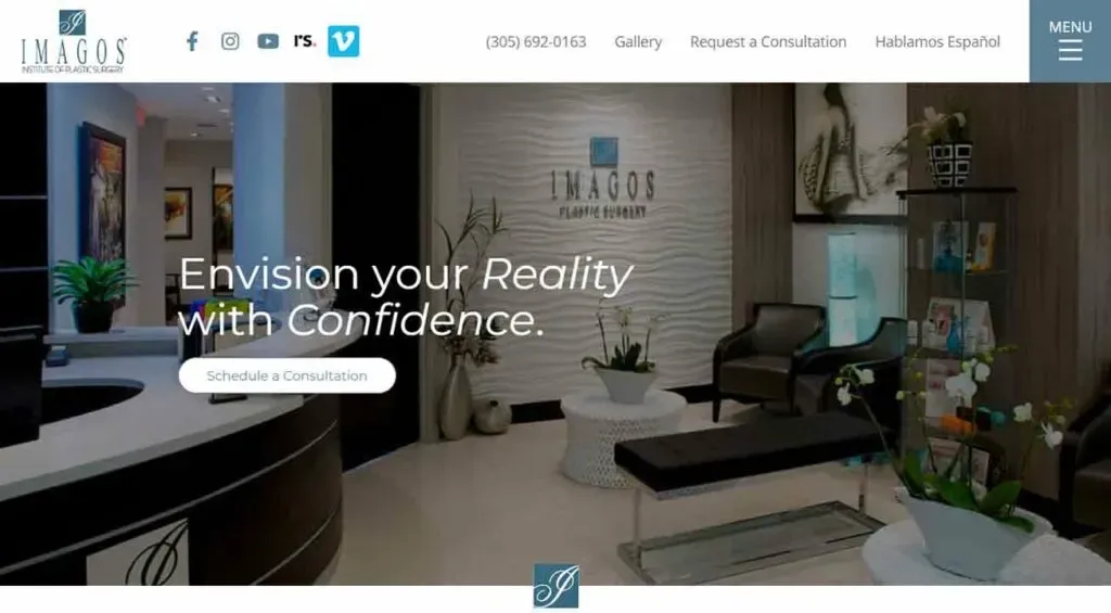 The image shows the modern reception area of Imagos Plastic Surgery, featuring stylish seating, a wall with the brand's logo, and a sign inviting visitors to schedule a consultation.