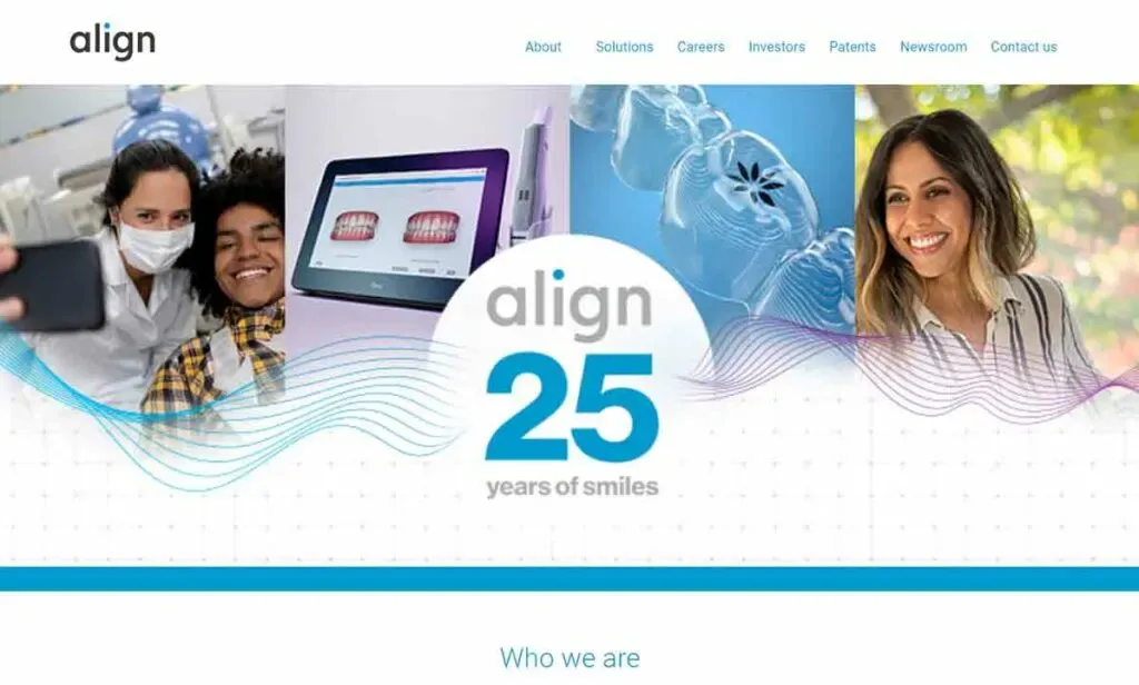 A collage of images featuring smiling people in dental care settings surrounds a "25 years of smiles" slogan, highlighting a celebration of Align's anniversary in orthodontic solutions.