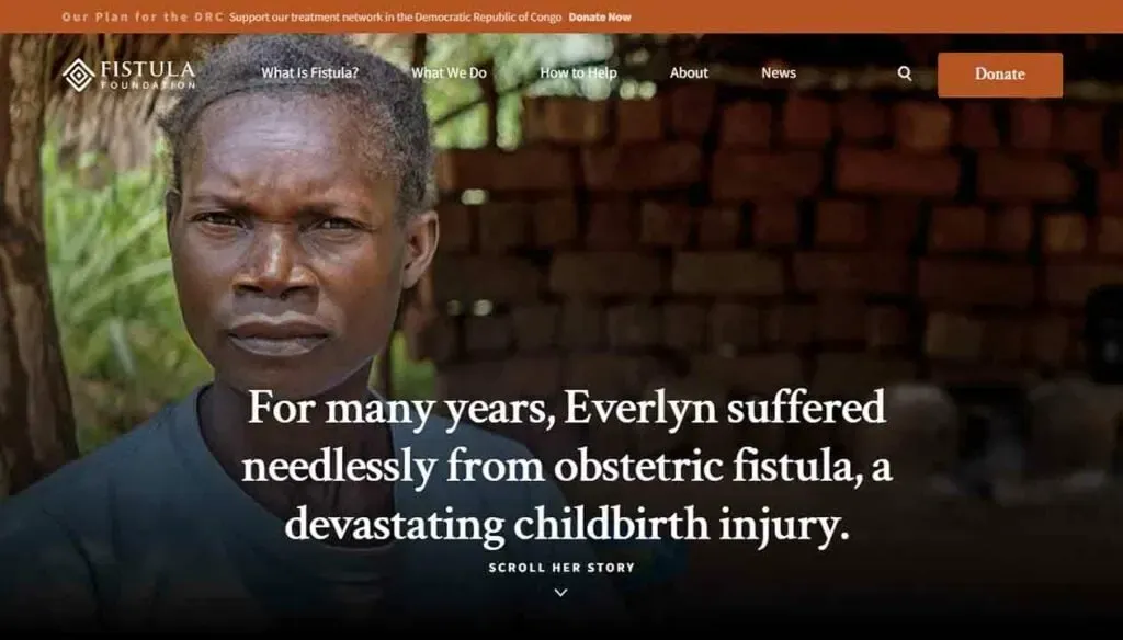 A woman with a solemn expression stands outdoors against a blurred background of brickwork, accompanied by a text overlay discussing the impact of obstetric fistula, a significant childbirth injury, and a call to action for donations.