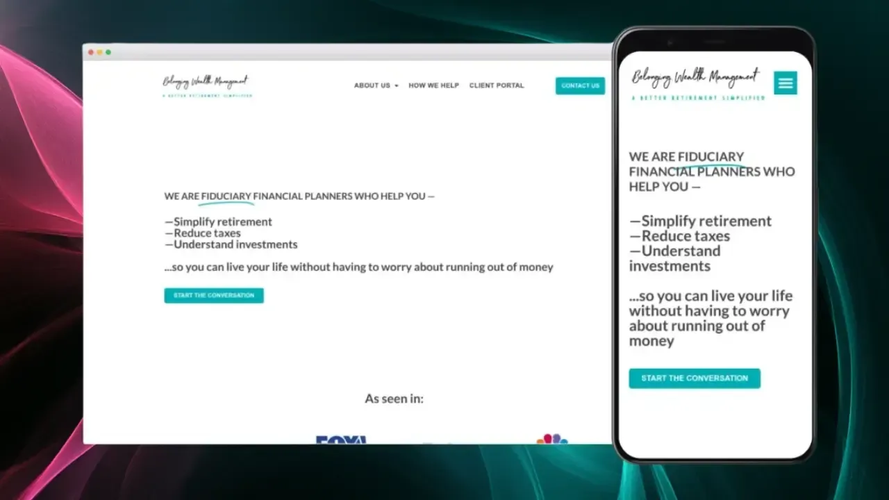 Una pantalla de computadora y teléfono inteligente muestra un sitio web de planificación financiera con texto que destaca servicios como simplificar la jubilación, reducir impuestos y comprender inversiones.