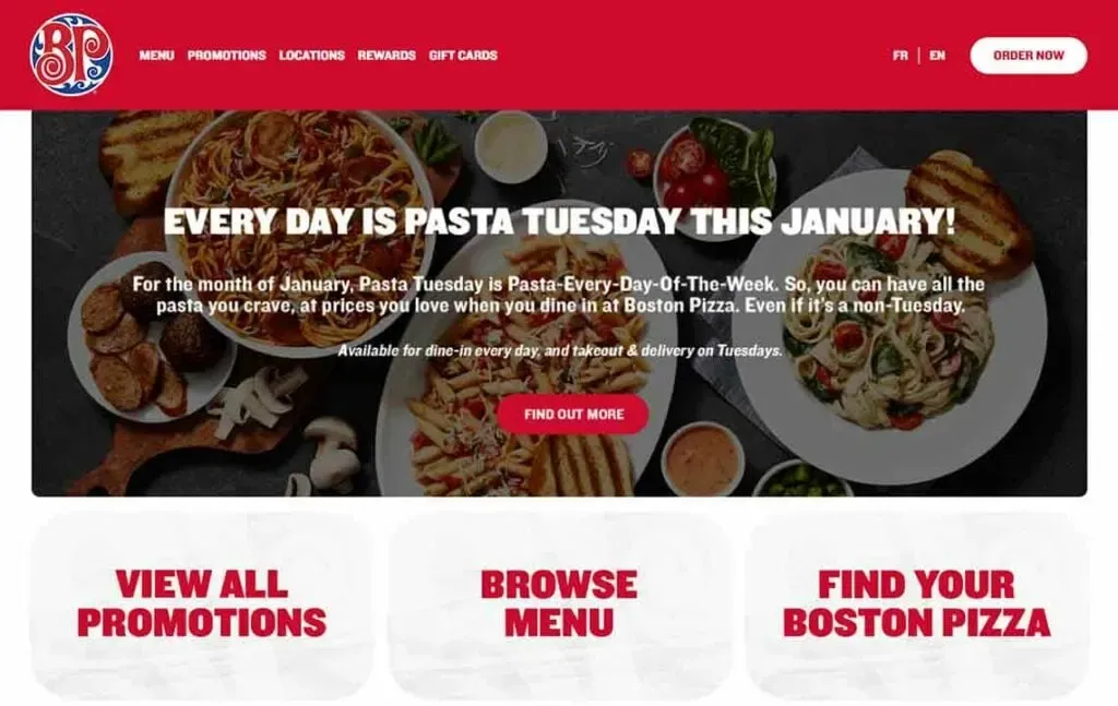 This image shows a promotional webpage from Boston Pizza featuring "Pasta Tuesday" in January, with a main banner displaying a variety of pasta dishes, including spaghetti and grilled bread, and buttons to view promotions, browse the menu, and find a nearby Boston Pizza location.