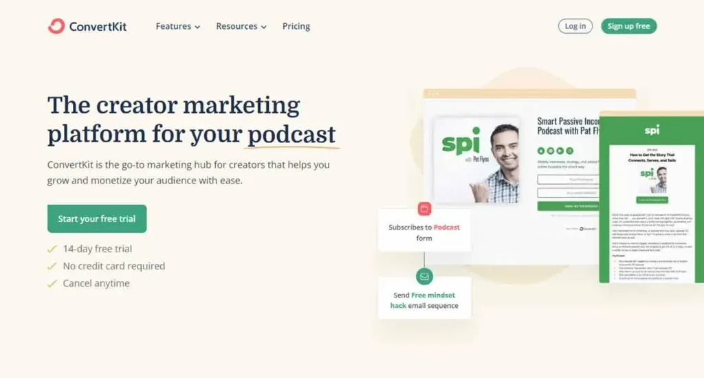 A webpage image showcasing ConvertKit's creator marketing platform, featuring text promoting podcast marketing tools with a green start free trial button and small images of a podcast page and a form.