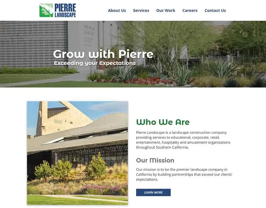 The homepage of Pierre Landscape showcases a modern building and lush greenery, emphasizing their expertise in landscape design and construction services for educational, retail, and hospitality sectors in Southern California, with a mission statement focused on client partnerships.