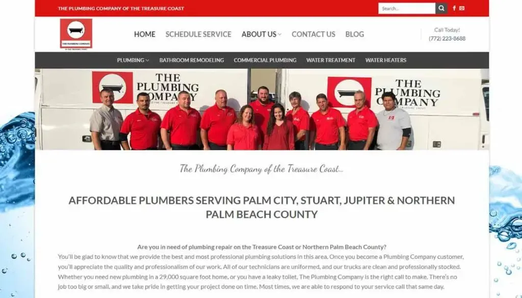 A group of plumbers wearing red shirts stands in front of a building with a business logo, promoting affordable plumbing services in Palm City, Stuart, Jupiter, and Northern Palm Beach County.