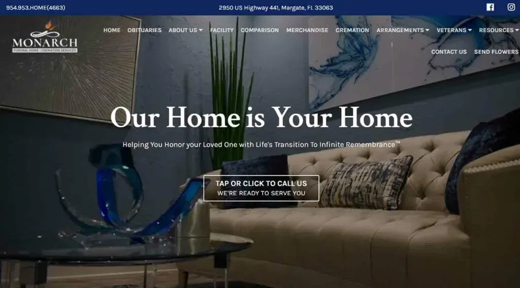 A modern living room setting features a sleek beige sofa with plush cushions, a vibrant piece of abstract wall art, and a stylish glass sculpture on a glossy table, while the text "Our Home is Your Home" is prominently displayed on the wall.
