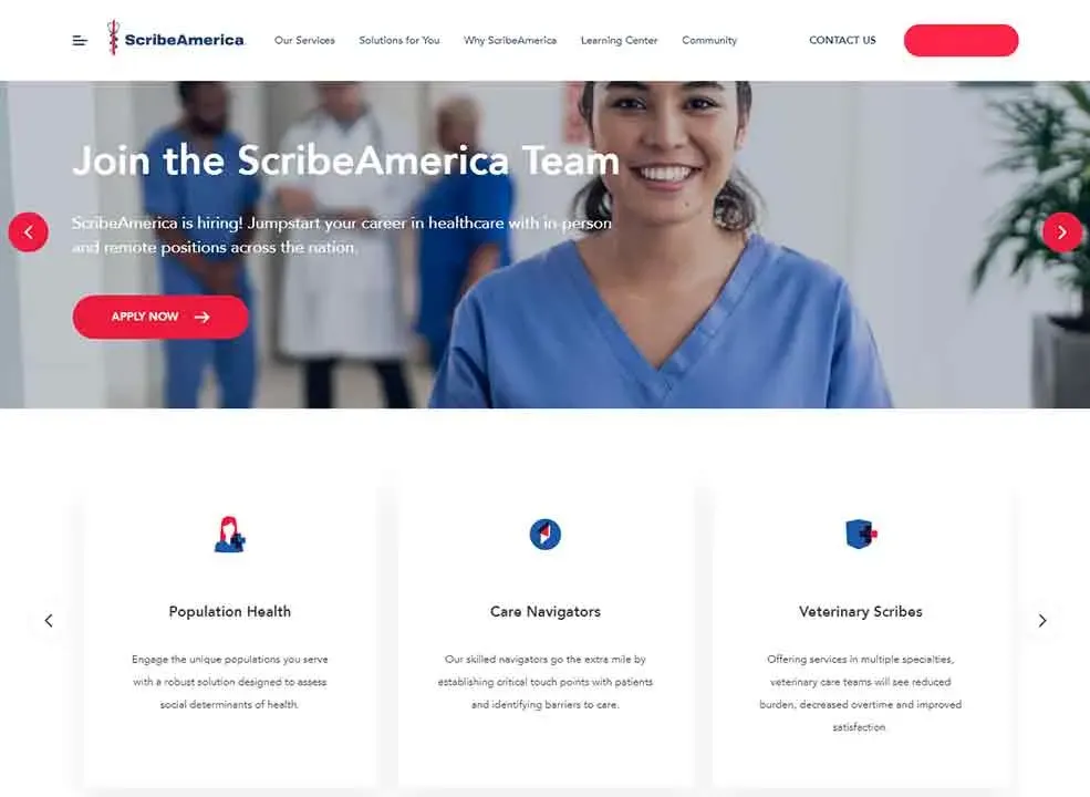 Join the ScribeAmerica team with opportunities in healthcare careers, featuring a smiling employee in scrubs and accessible options for applying.