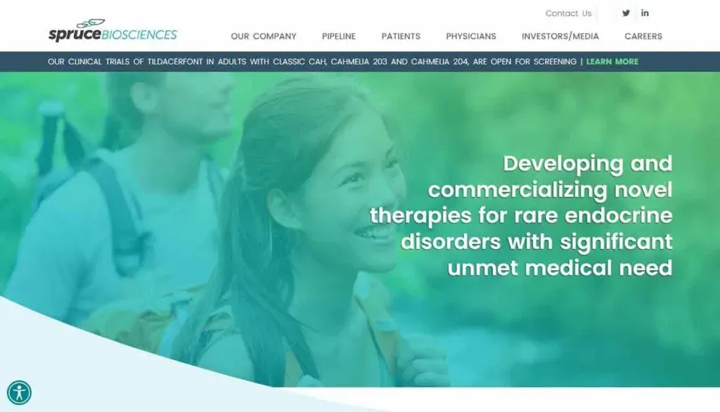 A woman smiling outdoors wearing a backpack, overlaid with text about developing and commercializing novel therapies for rare endocrine disorders with unmet medical needs, accompanied by a banner promoting clinical trials at the top.