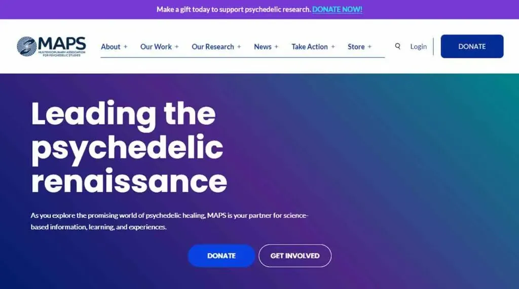 The image features a webpage from the Multidisciplinary Association for Psychedelic Studies (MAPS), displaying a call to action for donations at the top, a navigation menu with categories like "About," "Our Work," and "Research," and a prominent headline reading "Leading the psychedelic renaissance" on a gradient blue-purple background.