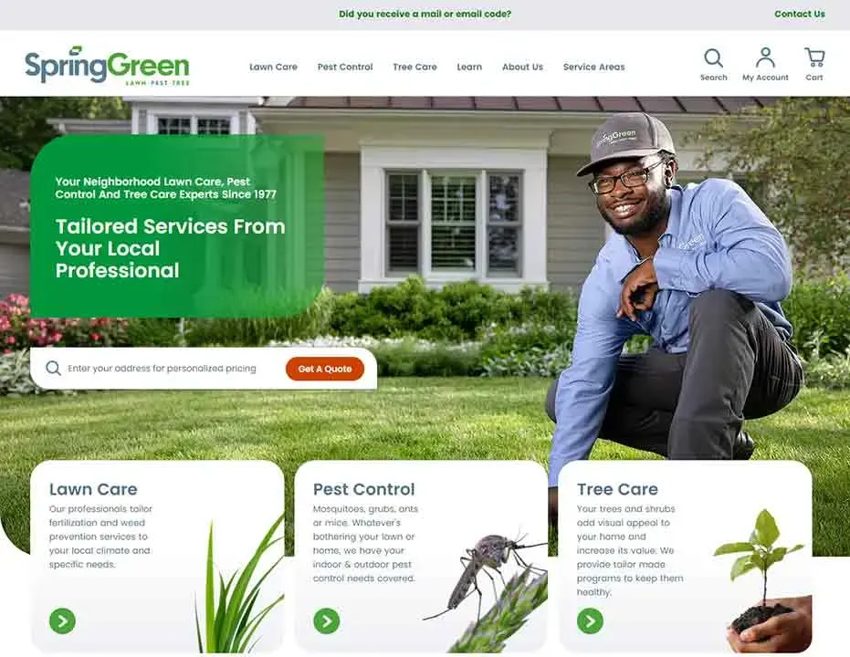 A man kneels on a lush green lawn in front of a well-maintained light yellow house with wide windows, showcasing services for lawn care, pest control, and tree care with a focus on professional and tailored yard maintenance solutions.