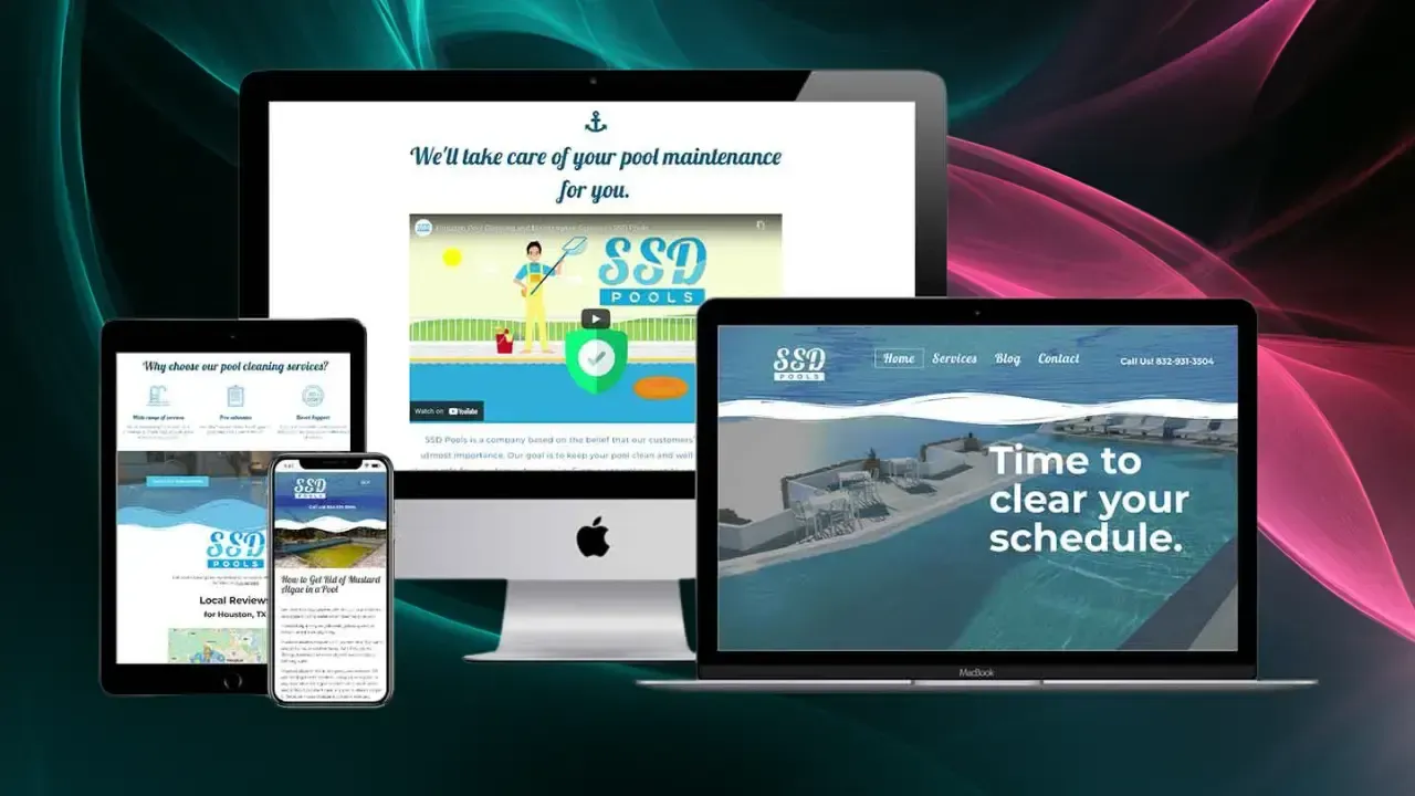 The image displays a responsive website design showcasing a pool maintenance service, featuring a desktop, tablet, and mobile view with a cohesive blue and white theme, emphasizing text like "Time to clear your schedule" and imagery of clean, inviting pools.
