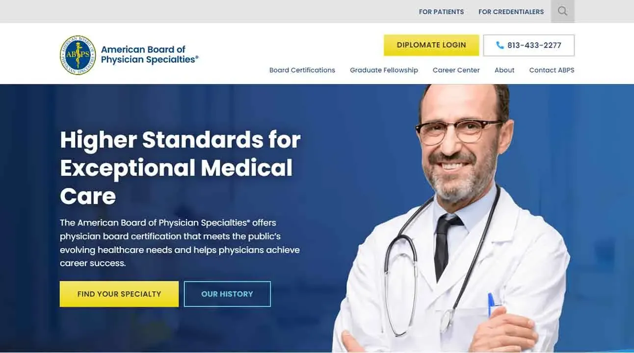A confident doctor in a white coat stands with a stethoscope around his neck against a website banner for the American Board of Physician Specialties, highlighting a commitment to high medical standards.