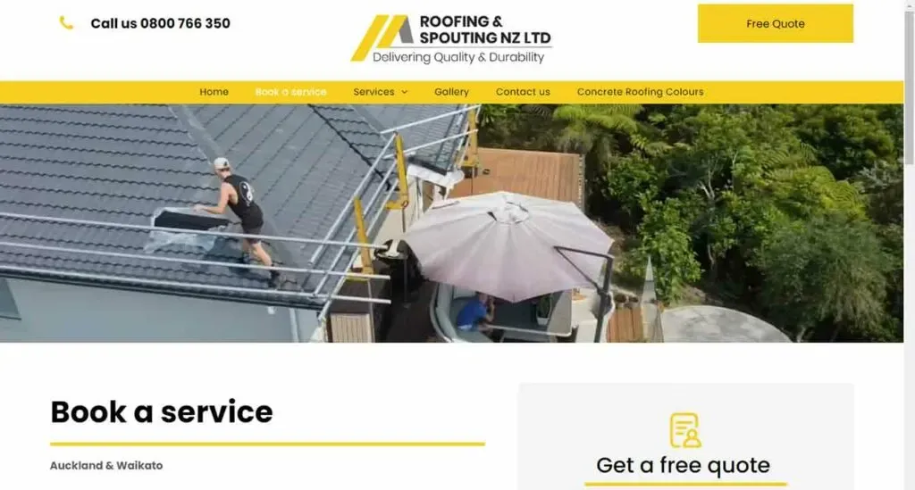 A person is working on the rooftop of a house equipped with a safety harness, surrounded by greenery, in an image promoting roofing and spouting services in Auckland and Waikato, featuring a phone number and a call-to-action button for free quotes.