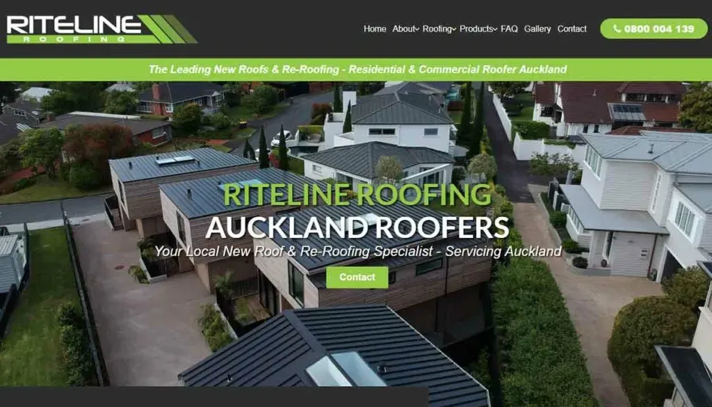 Arial view of a suburban neighborhood with modern, slanted-roof houses surrounded by lush greenery, featuring a bold banner overlay advertising roofing services in Auckland.