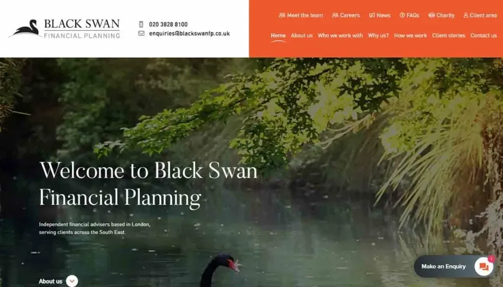 A serene image of a black swan gracefully swimming in a tranquil pond, surrounded by lush green foliage, featured on the homepage of a financial planning website, indicating a theme of elegance and meticulous planning.