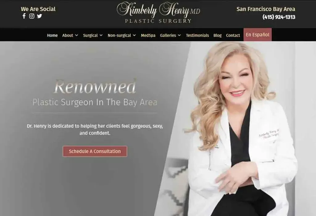 The image displays a professional website header for Kimberly Henry MD Plastic Surgery, featuring a welcoming medical professional in a white coat, with text emphasizing "Renowned Plastic Surgeon In The Bay Area" and an option to schedule a consultation.
