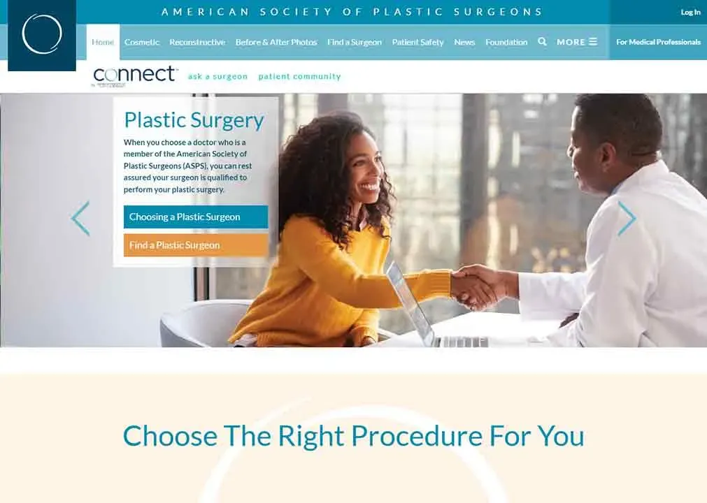A woman in a mustard sweater consults with a healthcare professional in a bright, modern medical office, as they discuss options for plastic surgery, including finding a qualified surgeon through the American Society of Plastic Surgeons website.