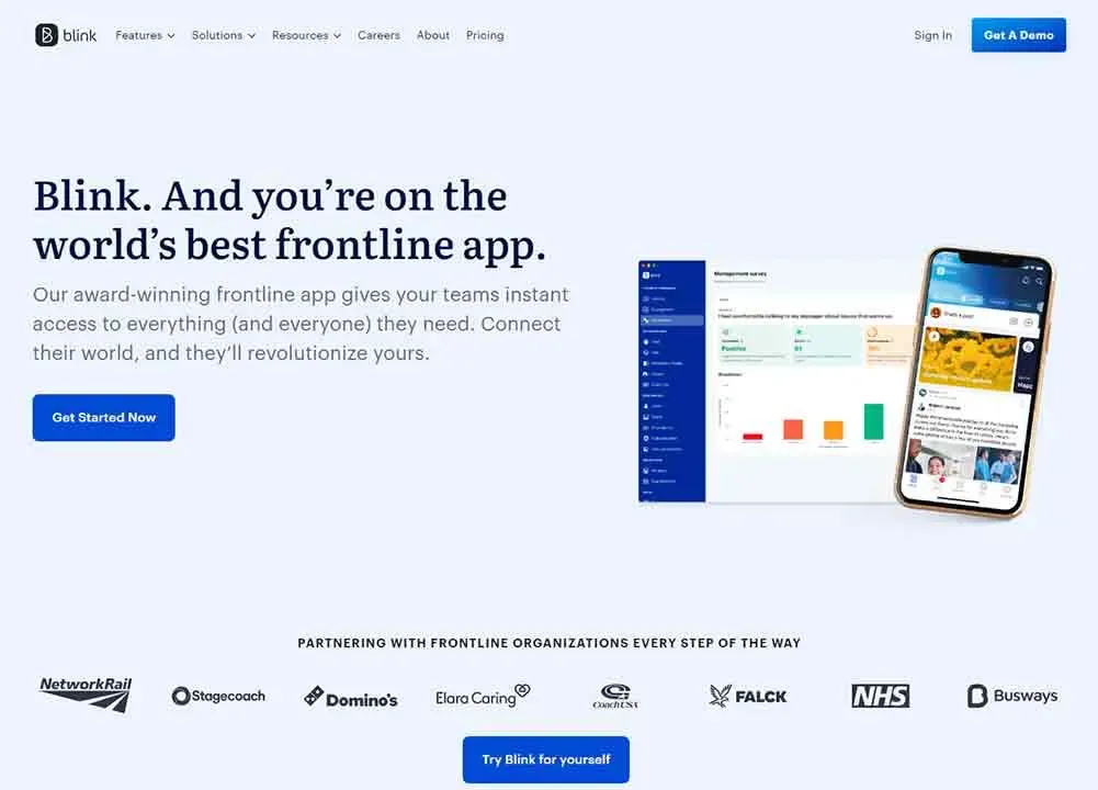 Blink app webpage showcasing features with text highlighting it as a top frontline app; includes company logos like Network Rail and NHS, and offers demo options.