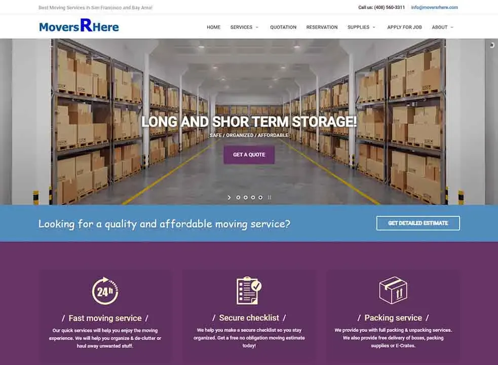 Warehouse storage facility with neatly stacked cardboard boxes on racks, with a prominent sign reading "Long and Short Term Storage: Safe, Organized, Affordable" along with a "Get a Quote" button, all emphasizing efficient storage solutions.