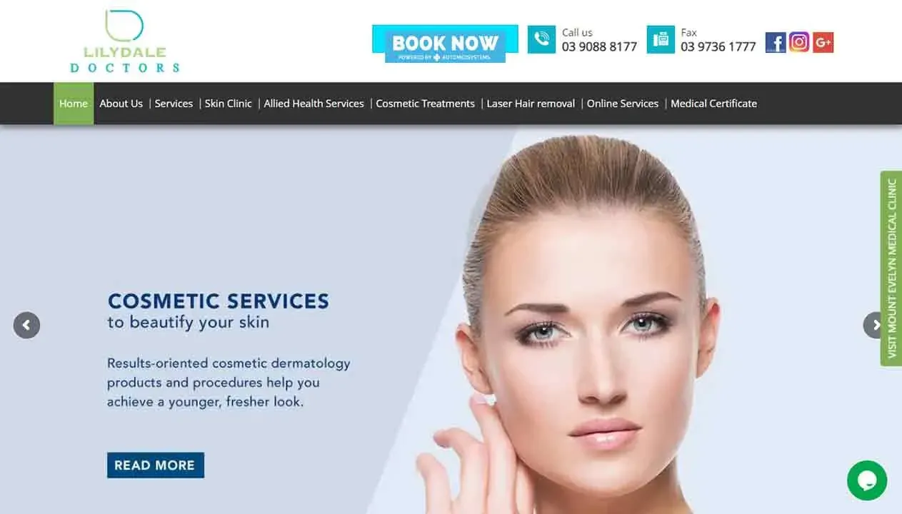 A woman with flawless skin showcases the results of cosmetic services, emphasizing youthful dermatology treatments, on a sleek medical clinic website banner featuring contact information and navigation links.
