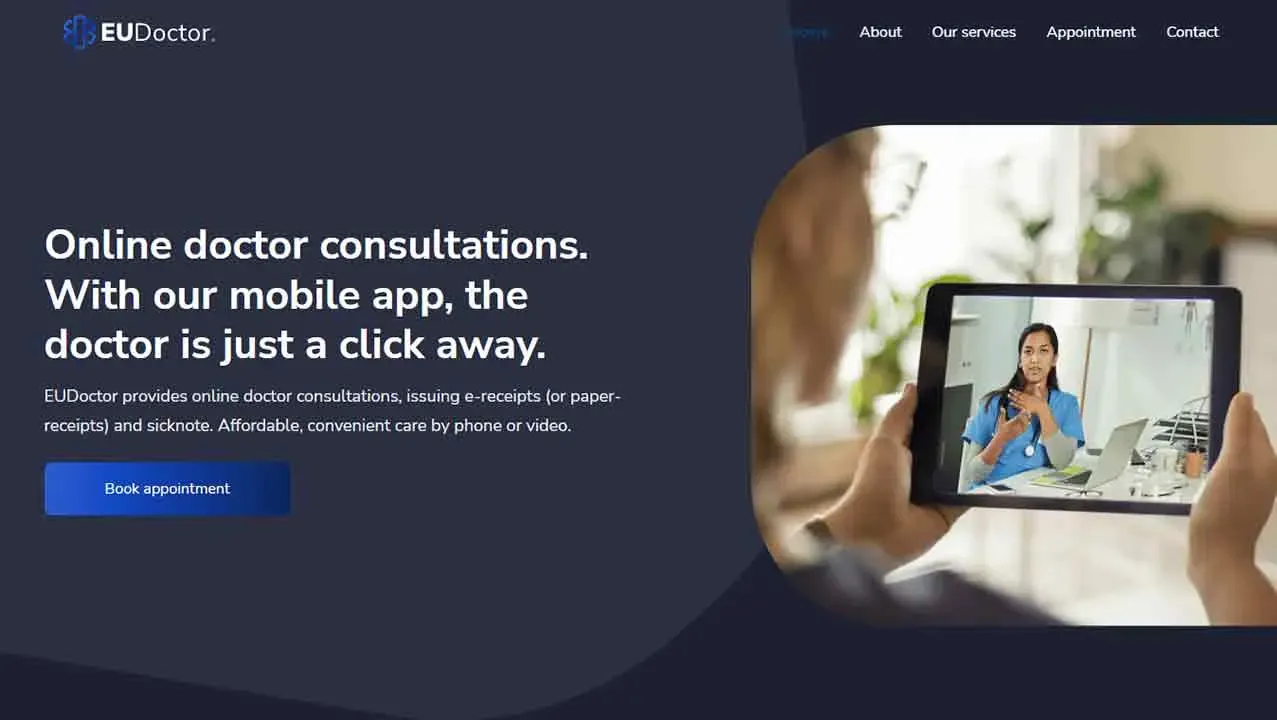 A person holds a tablet showing a video call with a doctor, while text on the screen promotes the convenience of online doctor consultations via a mobile app, featuring virtual appointments, e-receipts, and sicknotes.