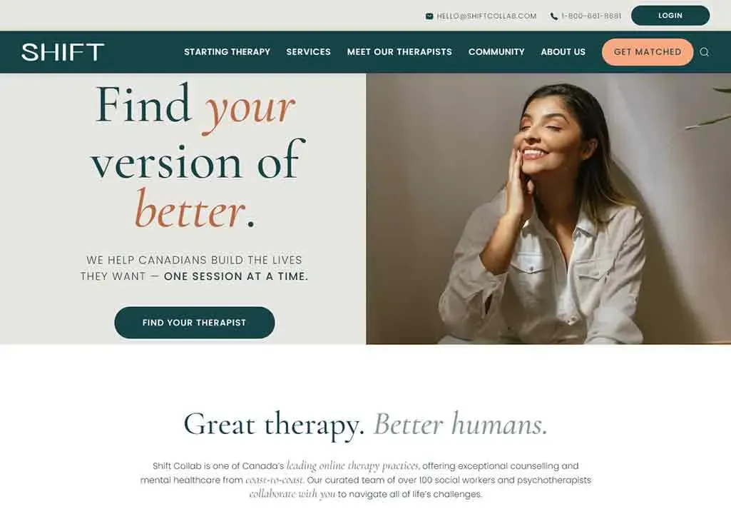 A smiling woman with long hair sits at a desk, resting her chin on her hand, looking content, on a website promoting personalized therapy services with the text, "Find your version of better."