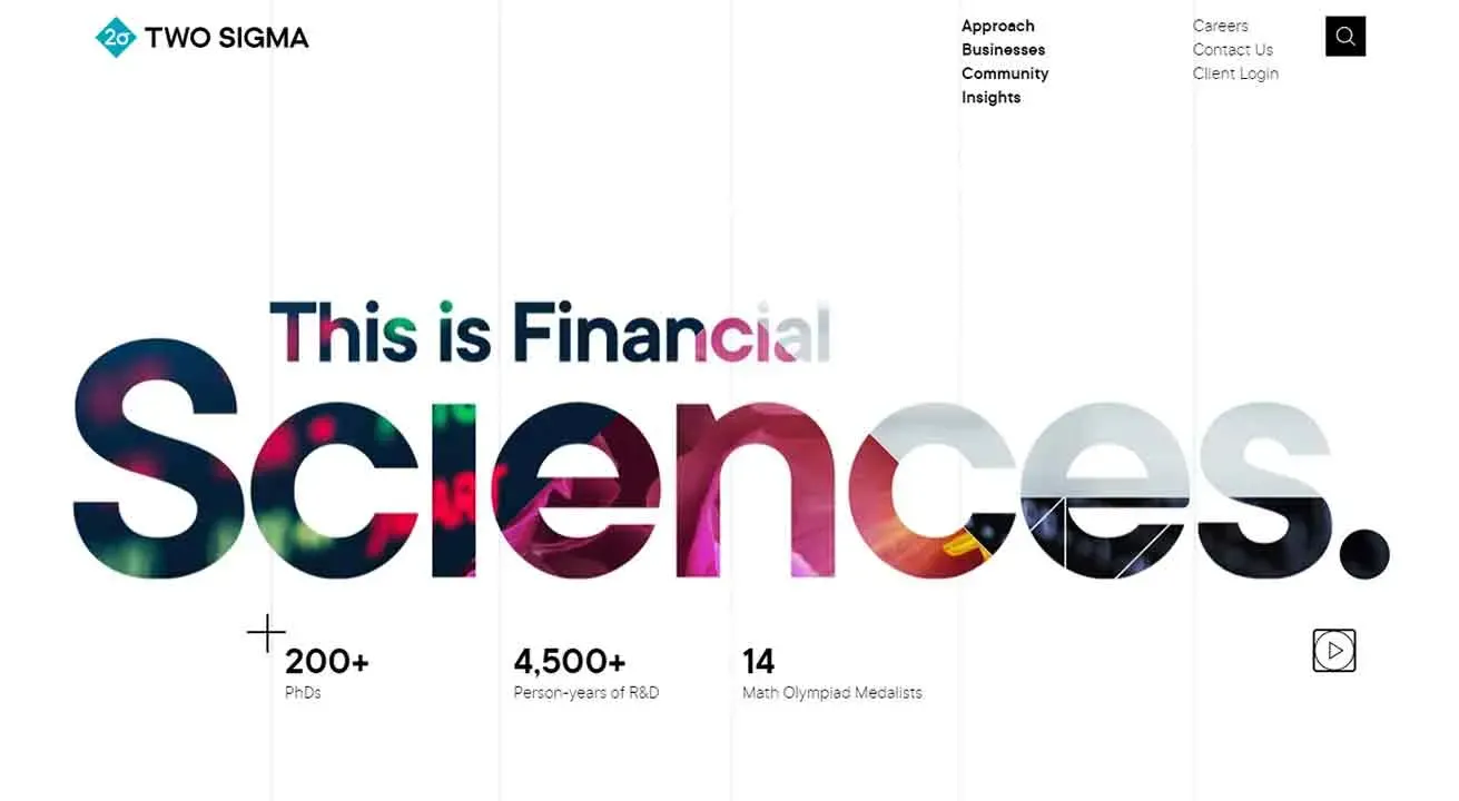 This image features the phrase "This is Financial Sciences" prominently displayed with vibrant, multicolored letters against a white background, alongside data points highlighting "200+ PhDs," "4,500+ Person-years of R&D," and "14 Math Olympiad Medalists."