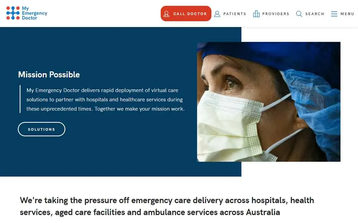 A healthcare professional, wearing a medical mask and surgical cap, is featured prominently on a website for virtual care solutions by "My Emergency Doctor," emphasizing rapid deployment of telehealth services during challenging times in Australia.