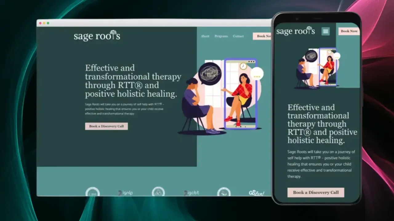 La imagen muestra la página de inicio de un sitio web en una pantalla de escritorio y un teléfono inteligente, con un fondo verde calmante, un encabezado con el texto "sage roots" y una sección principal que destaca servicios para "Terapia efectiva y transformacional a través de RTT® y sanación holística positiva."
