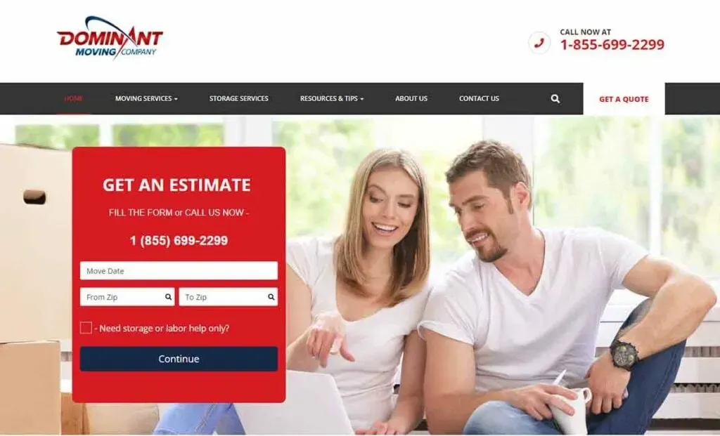 A man and woman sitting on the floor with cardboard boxes nearby, browsing on a laptop, suggesting they are in the process of moving; a call-to-action box for getting a moving estimate is prominently displayed.