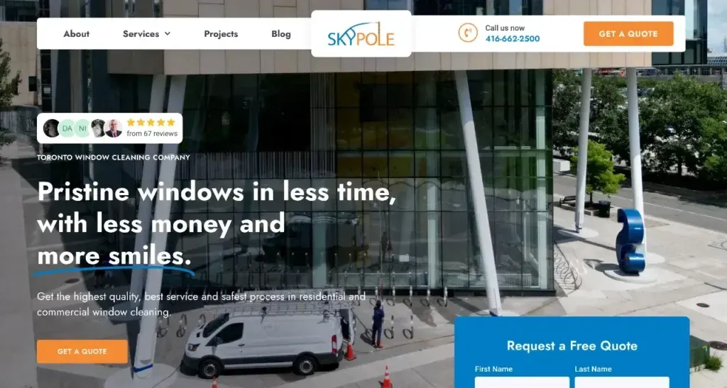 The image showcases a modern building's facade with a window cleaning company's website overlay, featuring keywords like "pristine windows" and highlighting services for efficient and cost-effective residential and commercial window cleaning.