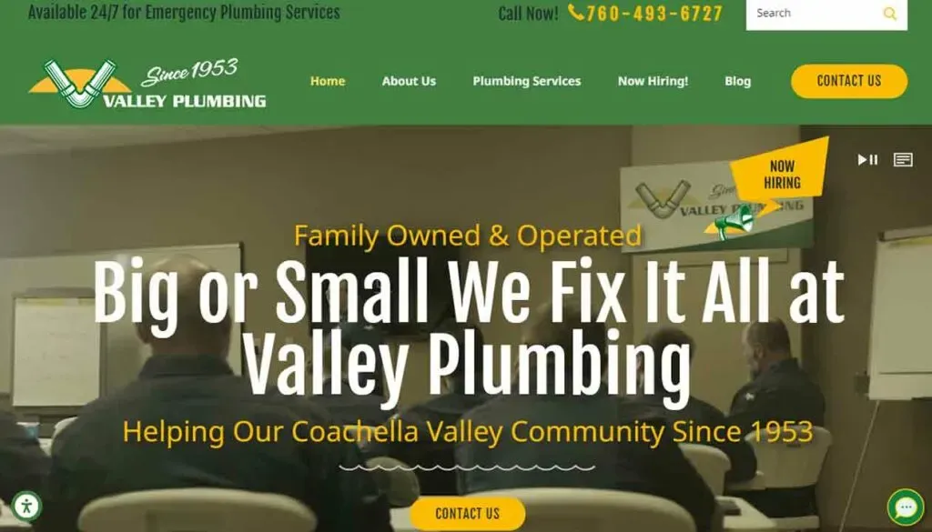 Valley Plumbing website homepage showcasing their slogan 'Big or Small We Fix It All,' highlighting services offered since 1953, with contact details and an emergency plumbing service banner.