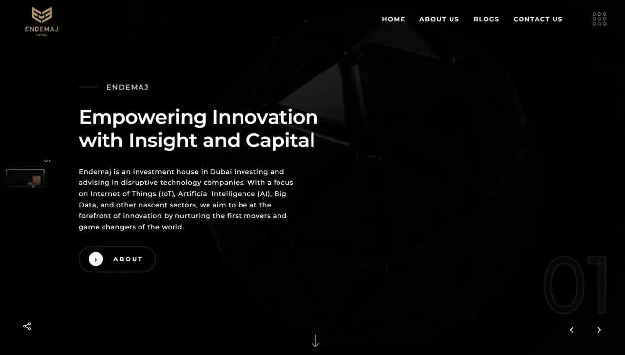 Endemaj homepage showing a dark theme with a focus on 'Empowering Innovation with Insight and Capital', highlighting investment services in disruptive technology sectors such as IoT, AI, and Big Data, with a navigation menu including Home, About Us, Blogs, and Contact Us.
