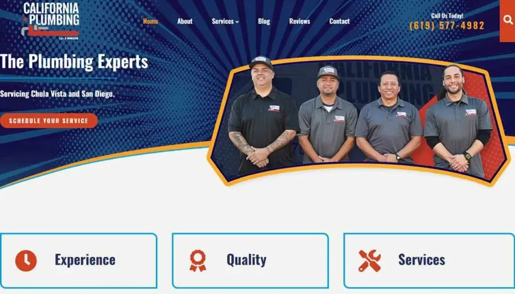 A team of four uniformed plumbers stands in front of a van with "California Plumbing" branding, showcasing a professional and approachable demeanor on a webpage offering plumbing services in Chula Vista and San Diego, with contact information prominently displayed.
