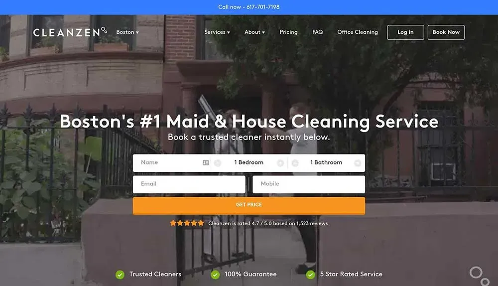 Exterior view of a building with a "Cleanzen" banner, emphasizing its services as Boston's top maid and house cleaning service, featuring a booking interface with options for bedroom and bathroom selection, contact fields, and assurance icons for trust, guarantee, and 5-star rated service.