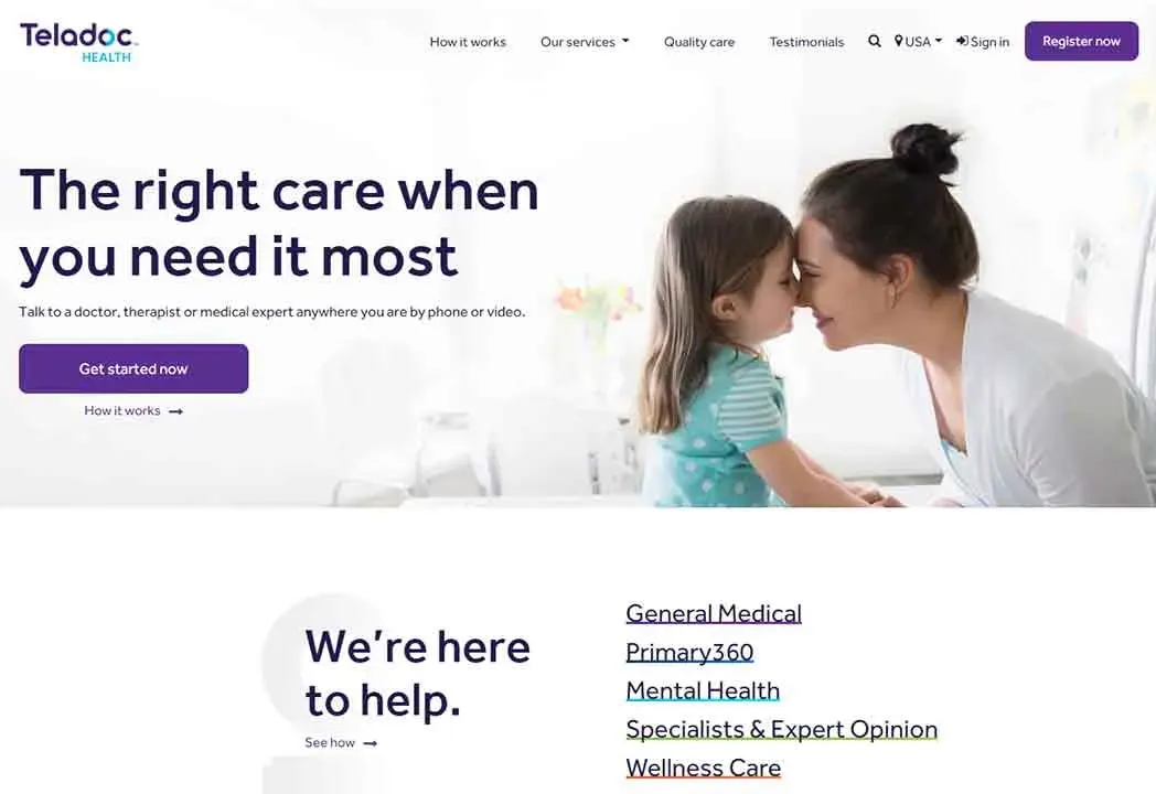 A mother and child share a tender moment as they lean in for a nose kiss, surrounded by text highlighting Teladoc Health's services, with keywords like "right care," "general medical," and "mental health" appearing prominently.