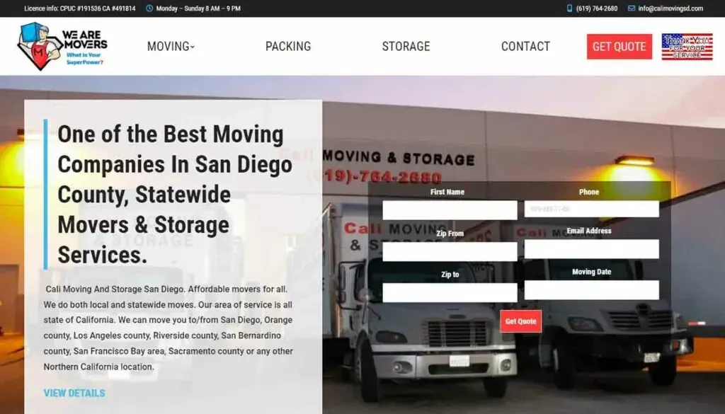 A website homepage features a company specializing in moving and storage services in San Diego, with images of moving trucks parked outside an office and options to get a quote displayed prominently.