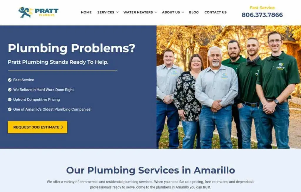Pratt Plumbing website homepage featuring a group of people smiling in business casual attire, with a bold headline asking 'Plumbing Problems?' and offering services such as upfront competitive pricing and expert solutions, emphasized by a call-to-action button for job estimates.