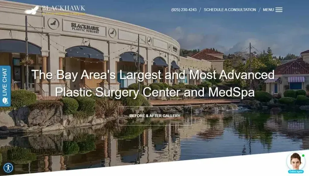 The image shows the exterior of Blackhawk Plastic Surgery & MedSpa, featuring a curved building facade with large windows, surrounded by landscaped greenery and a reflective pond in a tranquil setting.
