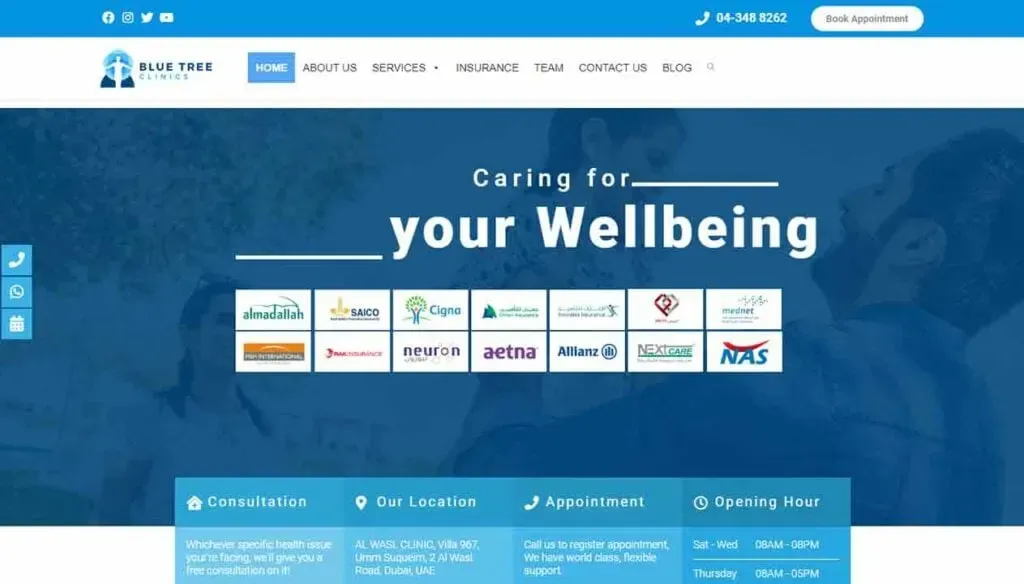 The homepage of a healthcare clinic's website, showcasing a blue theme with a navigation bar and logos of affiliated insurance companies while highlighting patient wellbeing.