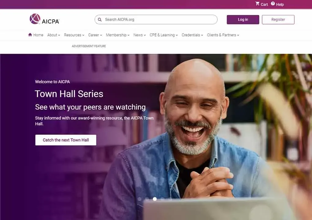 The webpage features a bald man with a beard smiling while seated at a laptop, under a banner promoting the AICPA Town Hall Series, inviting viewers to stay informed with their award-winning resources.