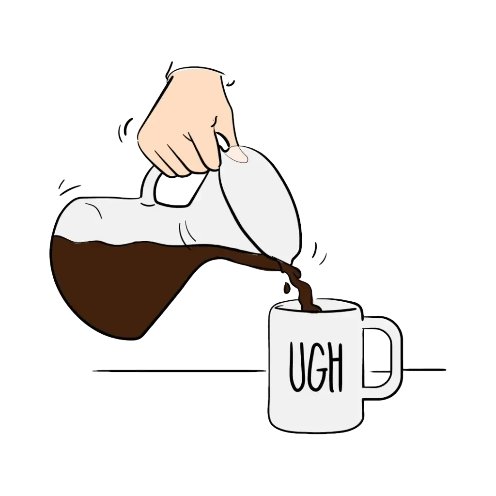 A hand pours hot coffee from a pot into a white mug on a checkered tablecloth.