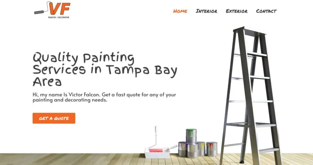 A modern website homepage featuring a metal ladder, several cans of paint, and a paintbrush, offering painting services in the Tampa Bay area with options for interior, exterior, and contact information.