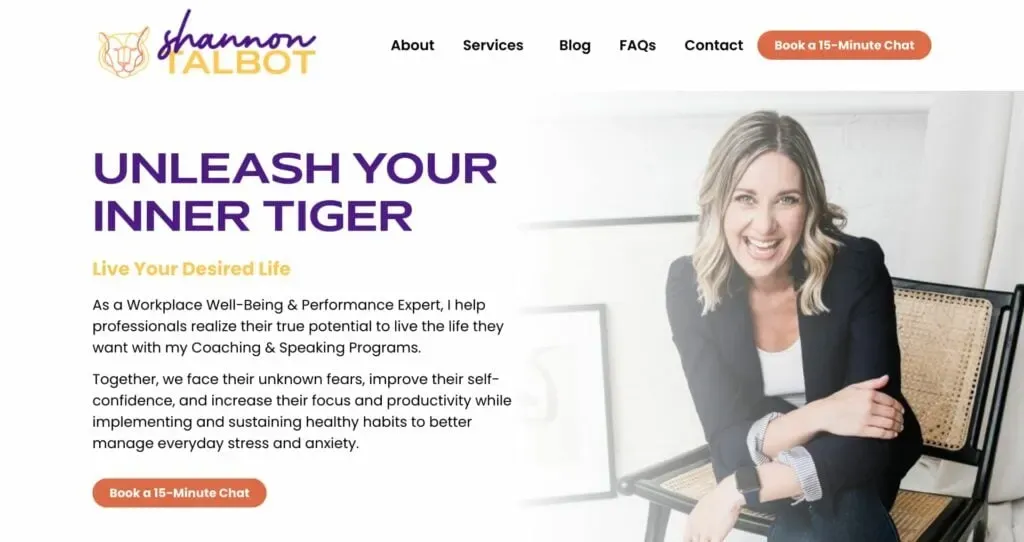 A smiling woman in casual business attire sits in a modern office chair next to text promoting professional coaching services with a tagline "Unleash Your Inner Tiger," emphasizing self-confidence and productivity improvement.